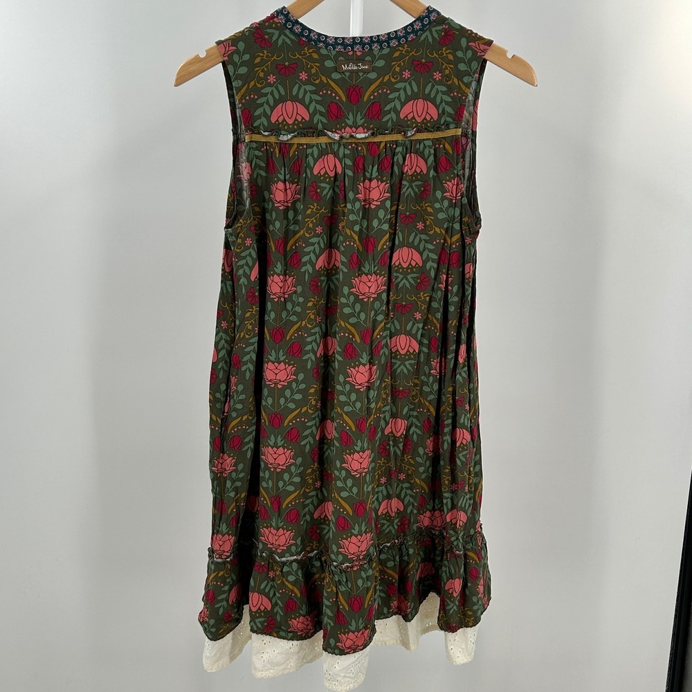 Matilda Jane Floral Henley Shift Dress Green Pink Eyelet Lace Hem Sleeveless S - Picture 4 of 7